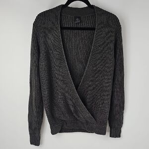 818 Gray Ribbed Knit Cross Front Sweater